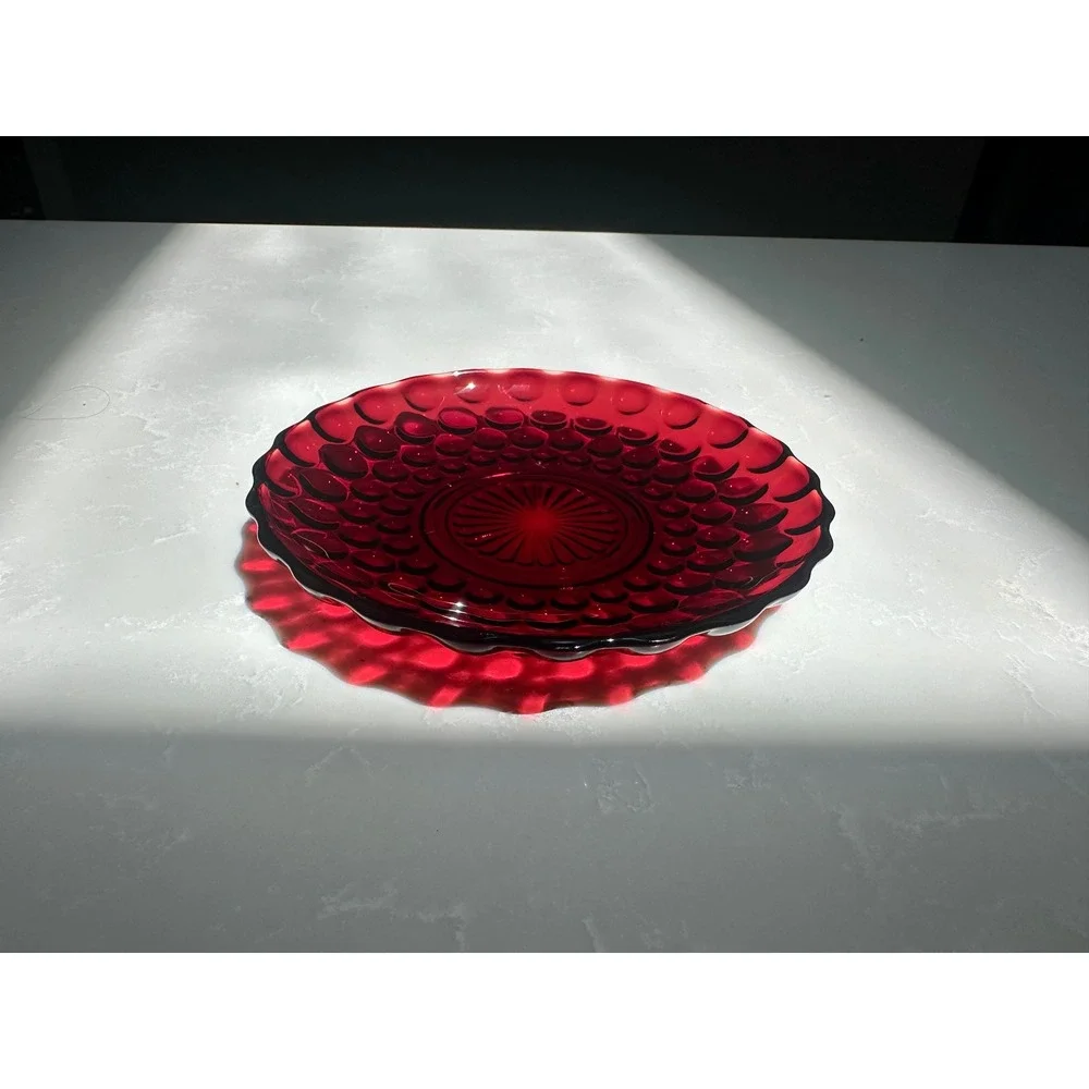 Vintage Ruby Red Glass‎ Bubble Thumbprint Saucer Scalloped Edge Sunburst Center